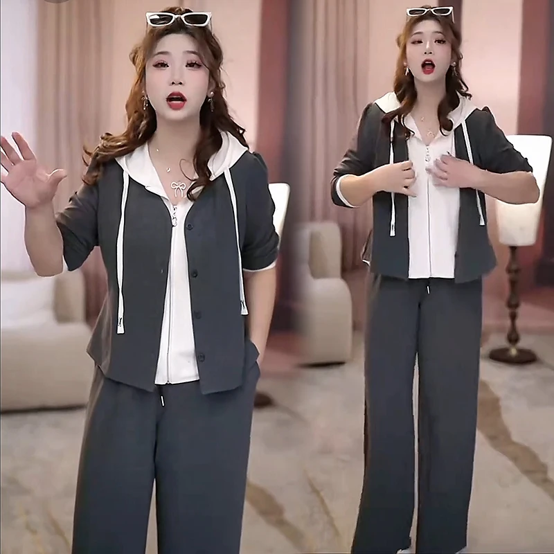 休闲运动套装女春季新款时尚洋气显瘦假两件连帽卫衣阔腿裤两件套