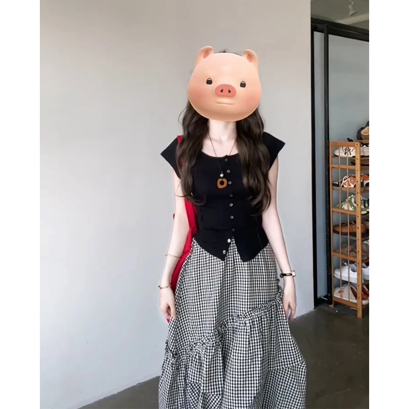 2025夏季新款韩系气质百搭圆领短袖上衣不规则高腰显瘦格纹半身裙