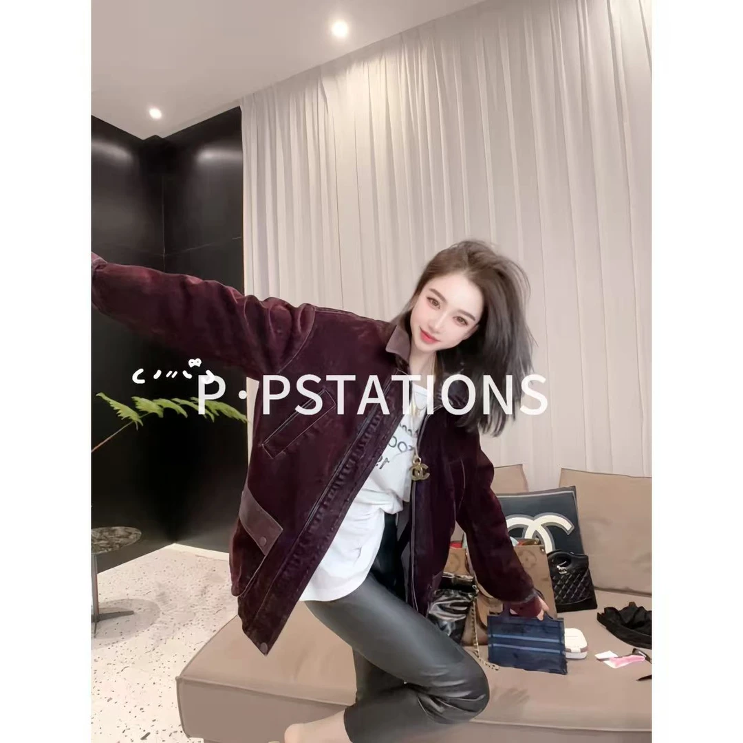 PP 2025｜唱罢相思 琥珀流光风翻毛中长款紫红牛仔反绒皮衣59277