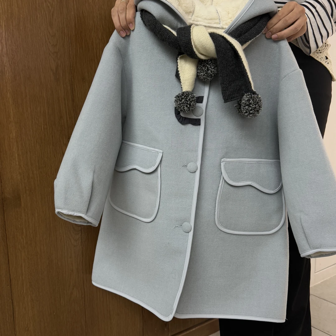 YK 7713# 冬季韩版公主风高领呢大衣宝宝童装外套围脖连帽大衣