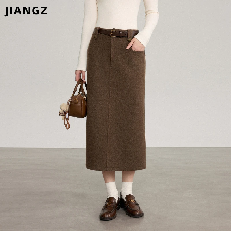 江洲【叙旧】加绒加厚秋冬新款水晶羊毛配腰带中长款复古半身直筒裙
