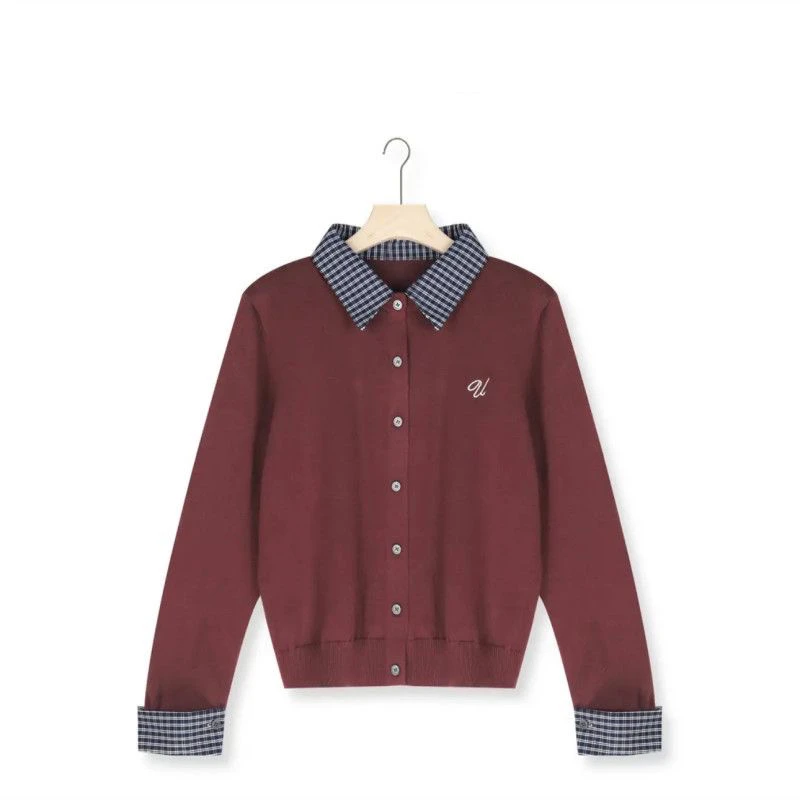 别致刺绣宽松学院风格子拼接假两件针织毛衣女早秋长袖开衫020