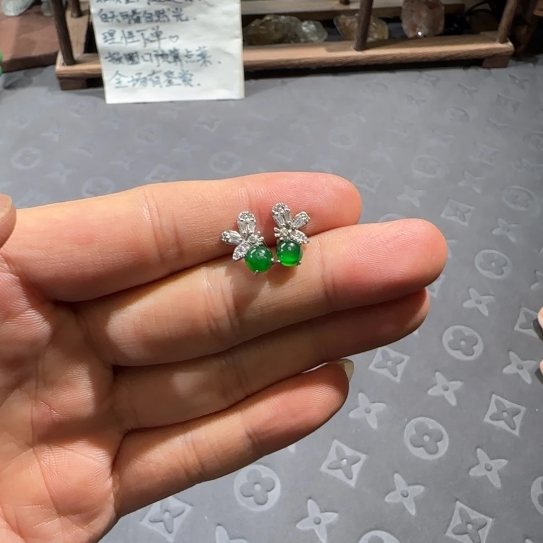 银S925镶嵌翡翠耳饰翡翠危料