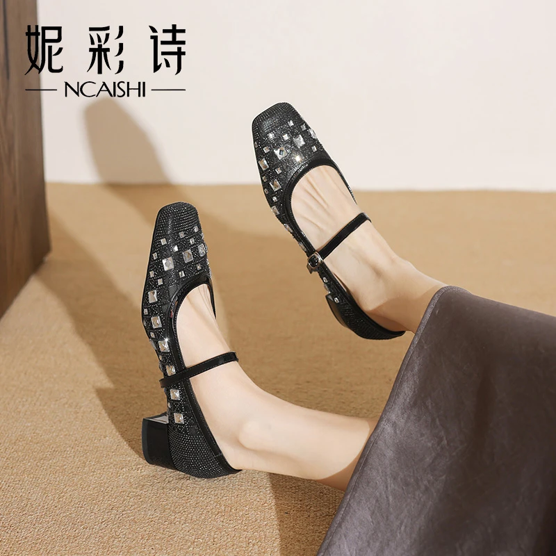 2025年春季新款舒适百搭粗跟圆头通勤一字带浅口两穿单鞋女1675