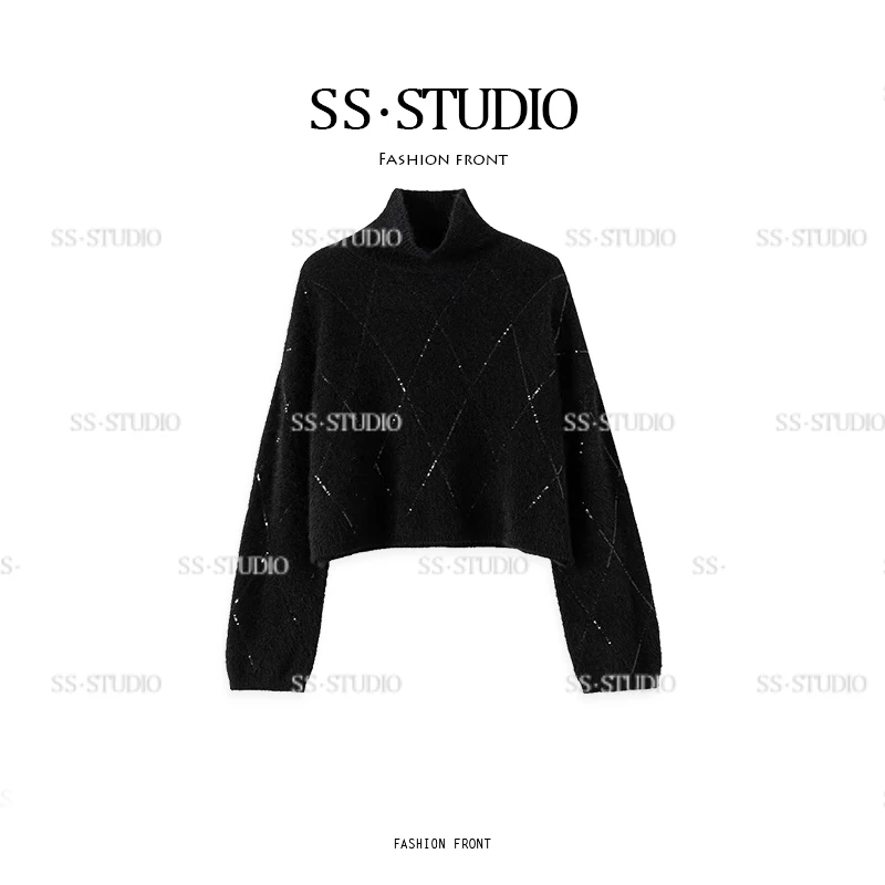 【复古菱格】诗诗·黑色菱格秋冬保暖针织衫毛衣SS-000012L