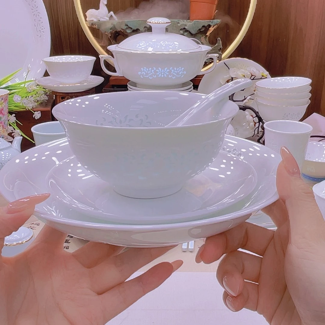 瓷景德镇玲珑不描金白色缠枝莲