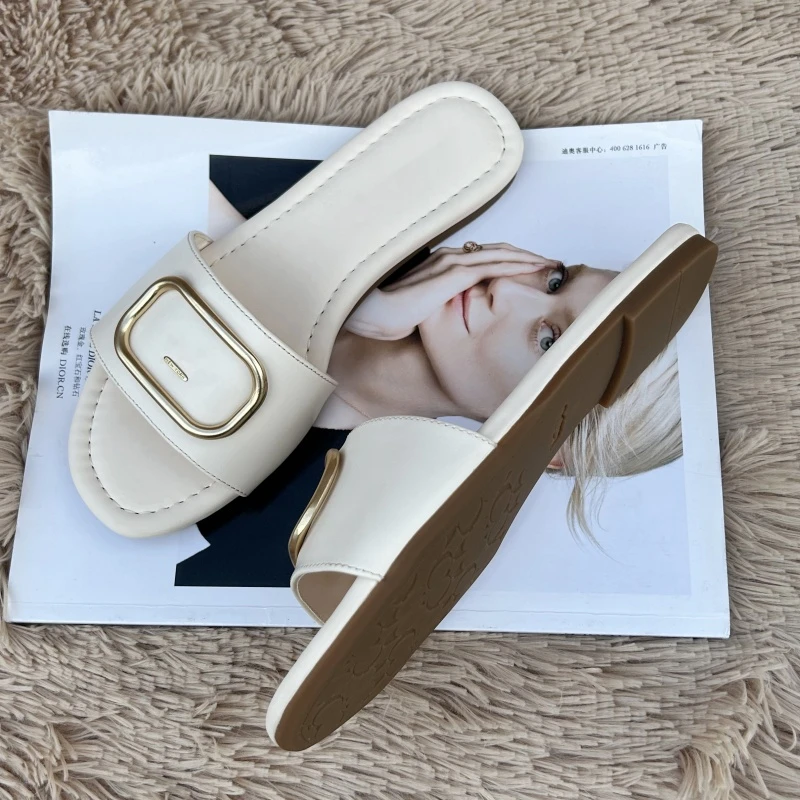 外贸原单轻奢高级感一字拖鞋女平底沙滩夏季休闲外穿白色凉拖真皮