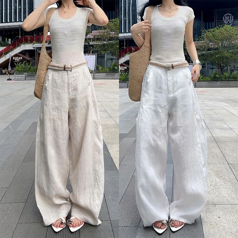 91666极简度假风亚麻休闲裤2025年夏季新款宽松纯色百搭长裤