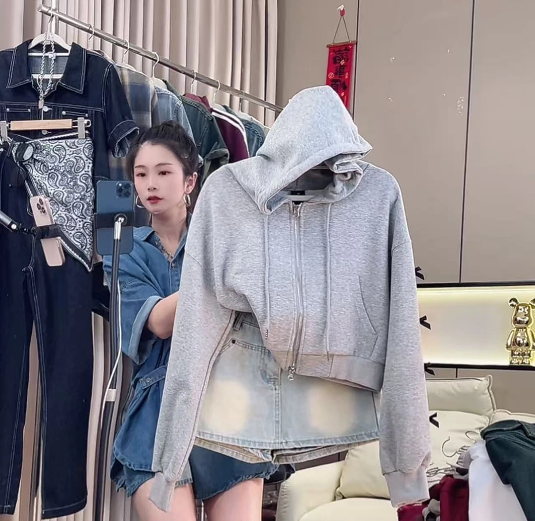 高级灰蝴蝶结设计灰色短款长袖宽松连帽卫衣开衫上衣