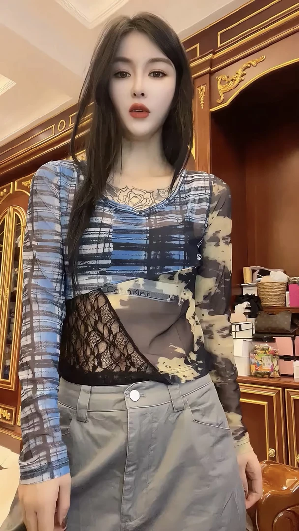 辣妹风不规则拼接网纱长袖女2025初秋新款修身显瘦上衣T恤