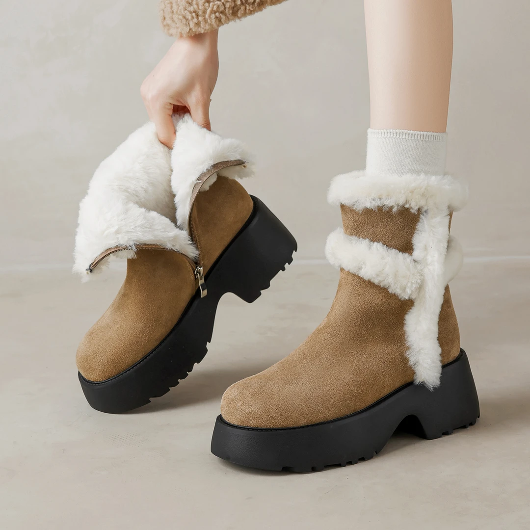 冬季牛反绒厚底女羊毛加绒保暖翻边棉鞋毛毛短筒靴真皮百搭高跟