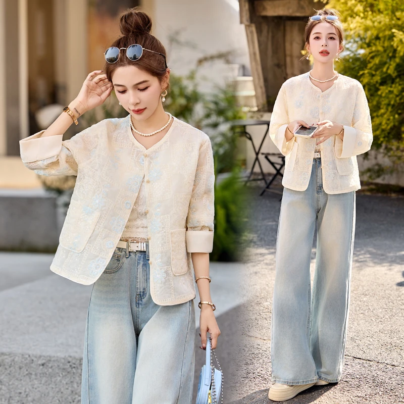 新中式国风刺绣提花外套女2025春夏新款复古气质蕾丝亮片短款上衣