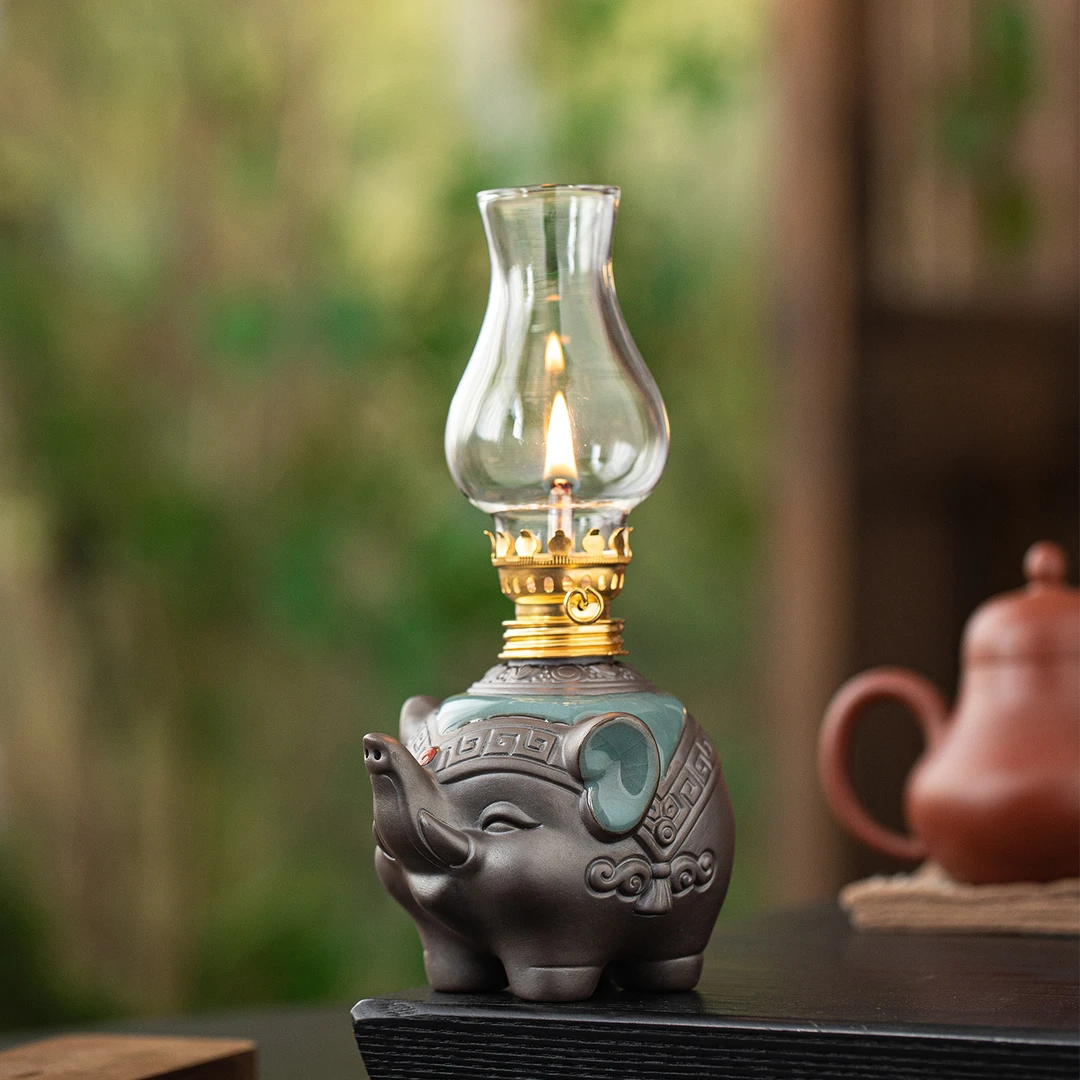 陶瓷大象煤油灯灯盏摆件家用长明灯煤油灯禅意茶室氛围灯装饰灯具