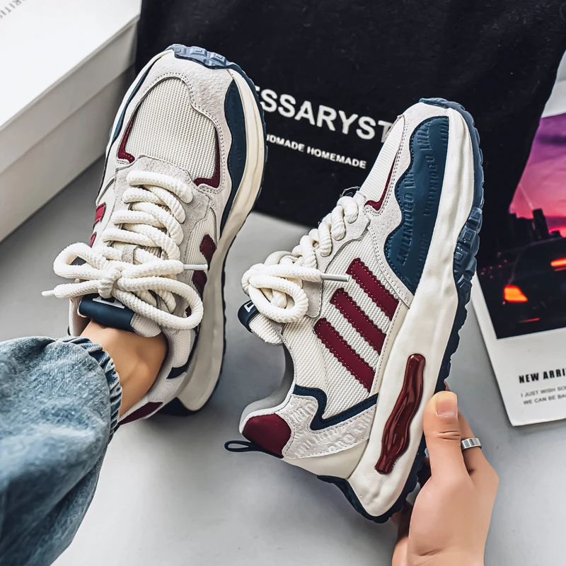 时尚休闲鞋男2025春季新款三道杠拼色网面运动鞋厚底增高潮流男鞋