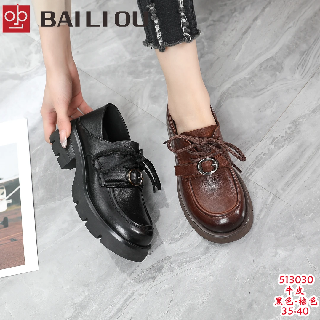 513030系带厚底松糕鞋英伦风乐福鞋春秋小码单鞋时尚百搭真皮皮鞋