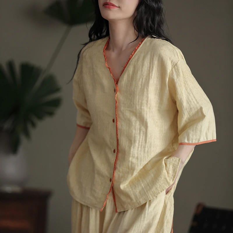 【香草奶盖】睡衣套装春夏长款五分短袖衬衫简约家居服套装V领26164