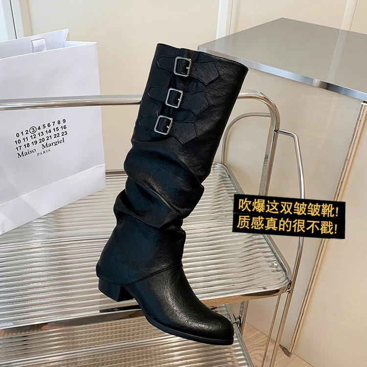 2025秋季新款美拉德裤管皱皱靴粗跟拉链皮带扣牛仔靴长筒靴