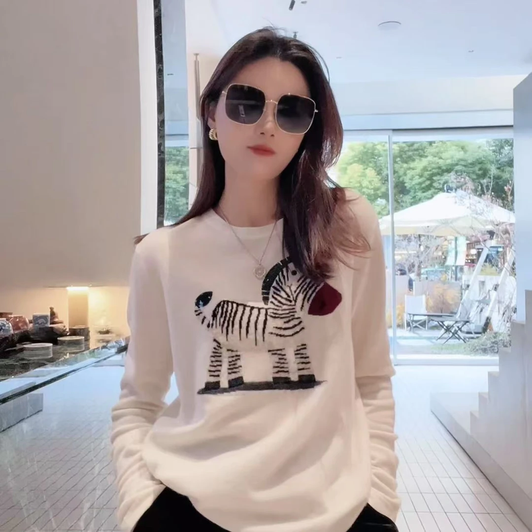 早春100羊毛高端圆领斑马羊毛衫