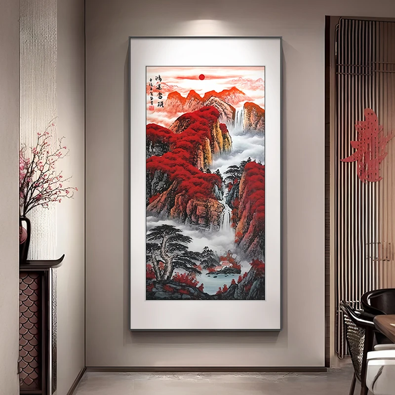 鸿运当头玄关装饰画国画山水画高级大气走廊过道挂画入户尽头壁画