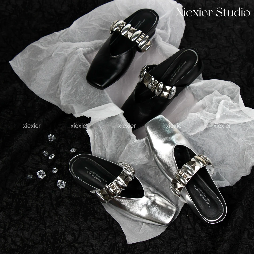 谢喜儿 | 新款方头闪亮一字带半包一脚蹬半拖