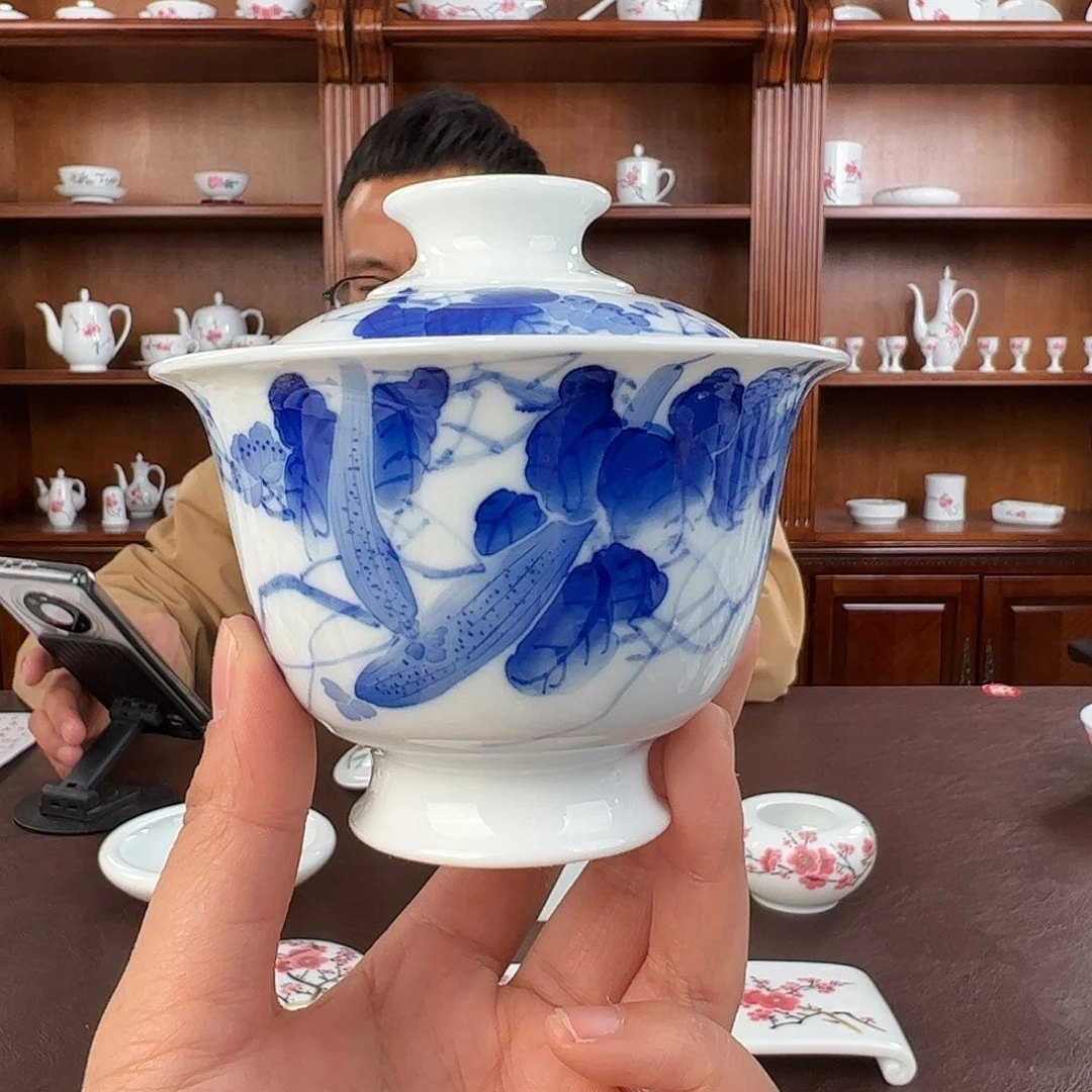 瓷玉泥 青花两才盖碗