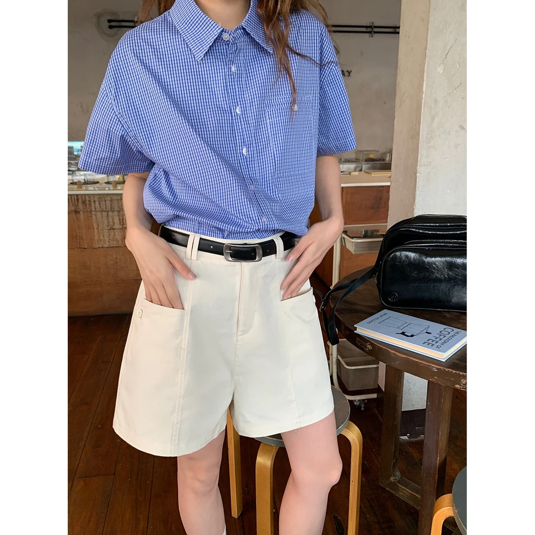 RAINY 细节感分割短裤夏季女纯色高腰显瘦阔腿裤短款百搭休闲裤