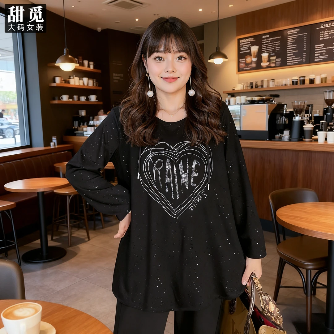 甜觅特大码女装2025秋装胖mm300斤精致闪银中长款宽松连帽针织衫