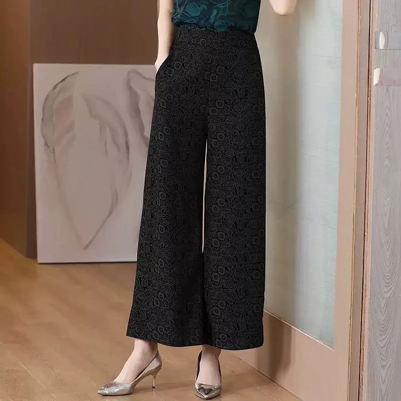 新款时尚提花款印花阔腿裤女松紧腰妈妈九分裤