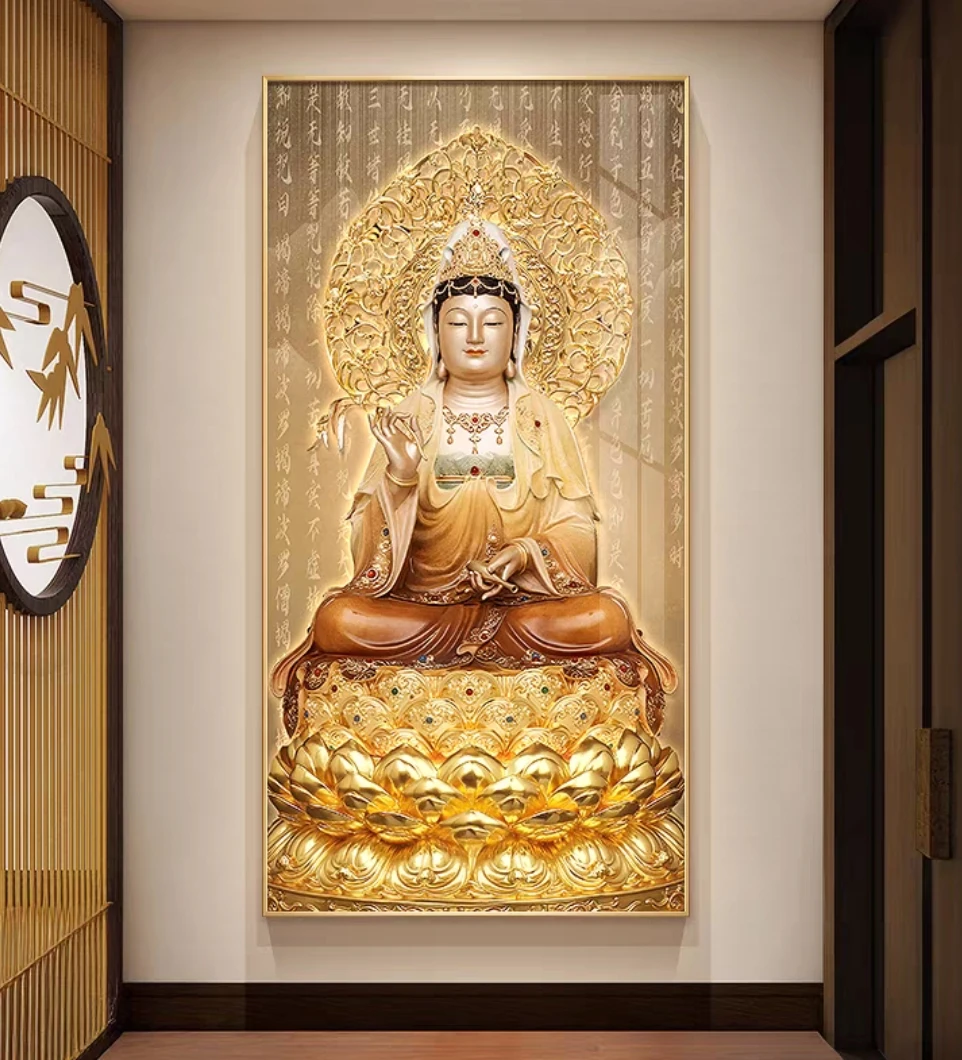 观世音菩萨画像挂画求子送子观音玄关装饰画佛堂家用供奉带灯