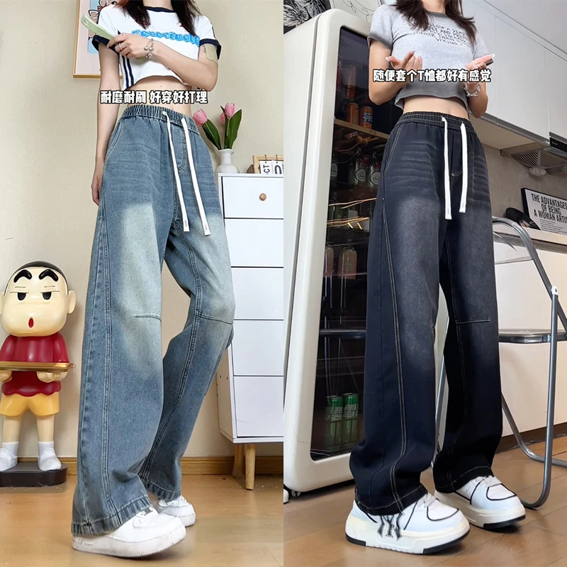 显瘦直筒牛仔裤男女美式高街明线设计感口袋刺绣早秋宽松大码裤子