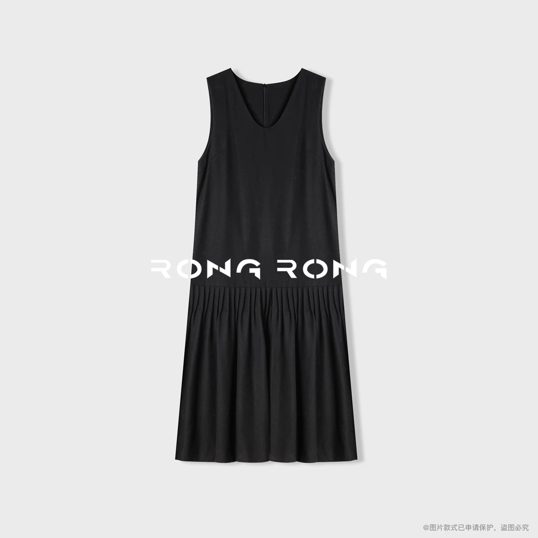 溶溶【墨韵素暖】RONGRONG 绵羊毛混纺手工排褶背心连衣裙F26QL5048