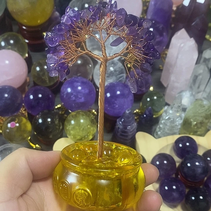 石材纯天然紫晶小花树！