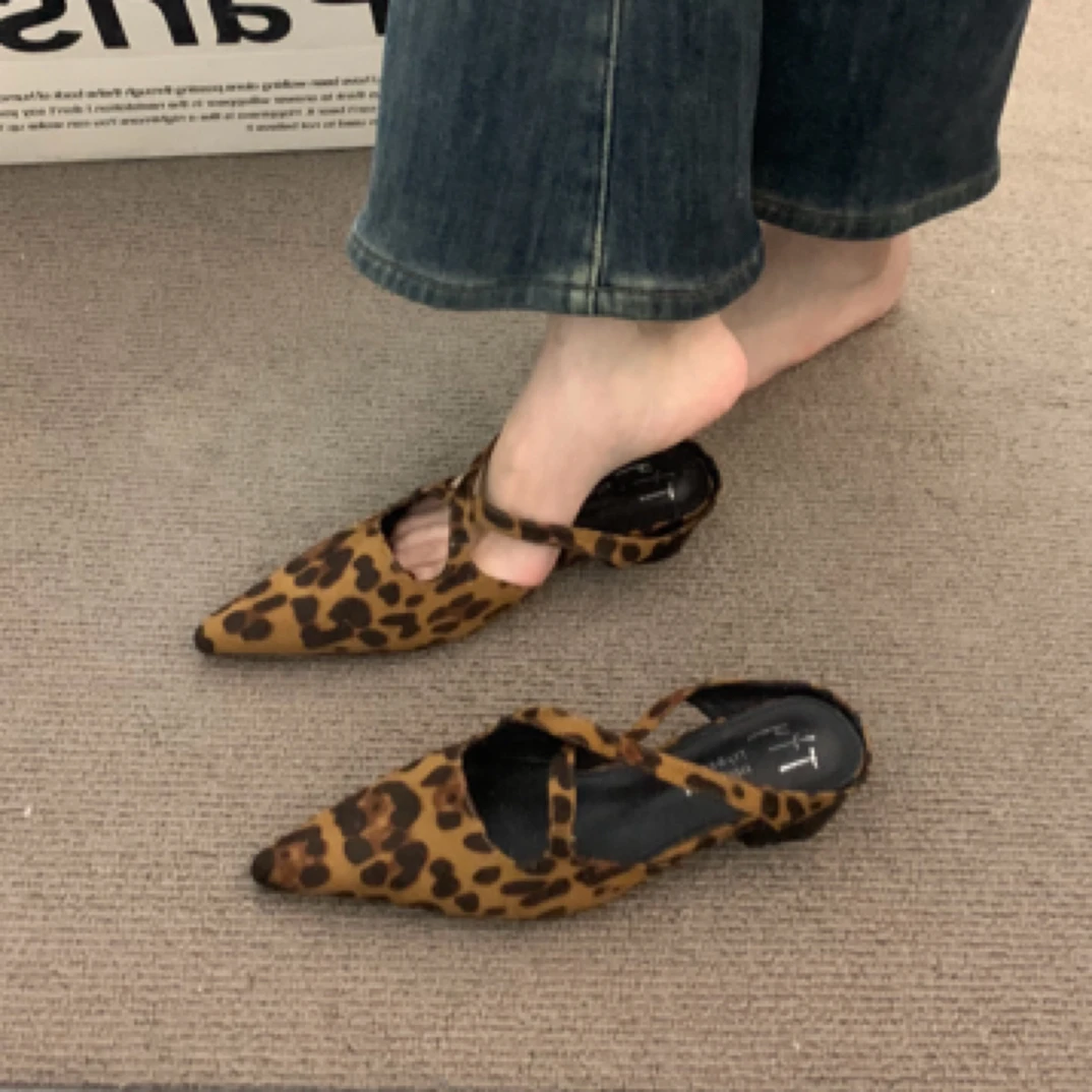 法式气质名媛豹纹粗跟半拖鞋女2025春夏季尖头小众通勤玛丽珍单鞋