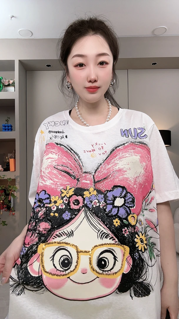 冰感雪花棉夏季薄款大版潮流正肩显瘦T恤宽松中长款大蝴蝶结女孩