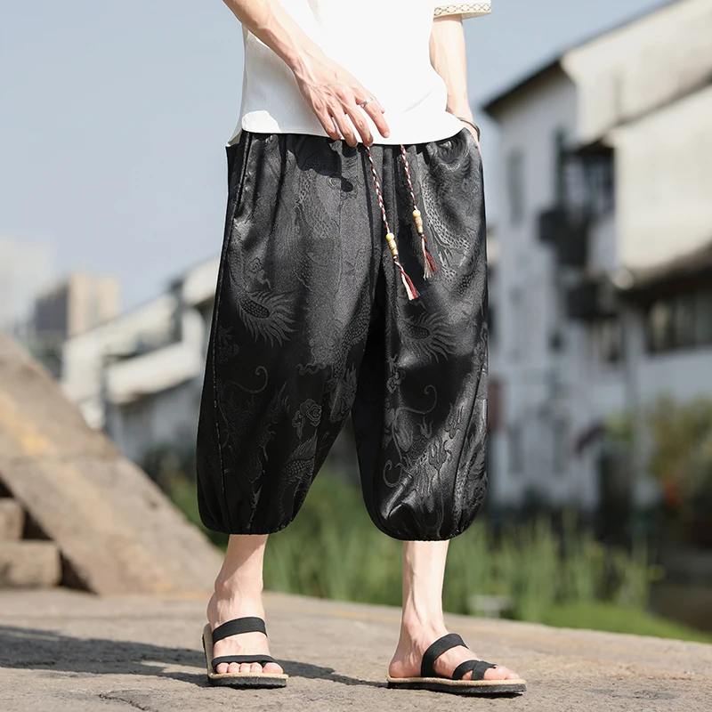 加大码胖子灯笼裤男士冰丝凉感七分裤夏季薄款中国风龙纹速干短裤