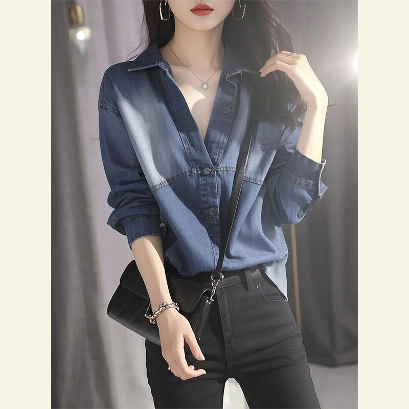 2025春秋韩系新款蓝色牛仔衬衫女气质高级感个性百搭宽松外搭上衣