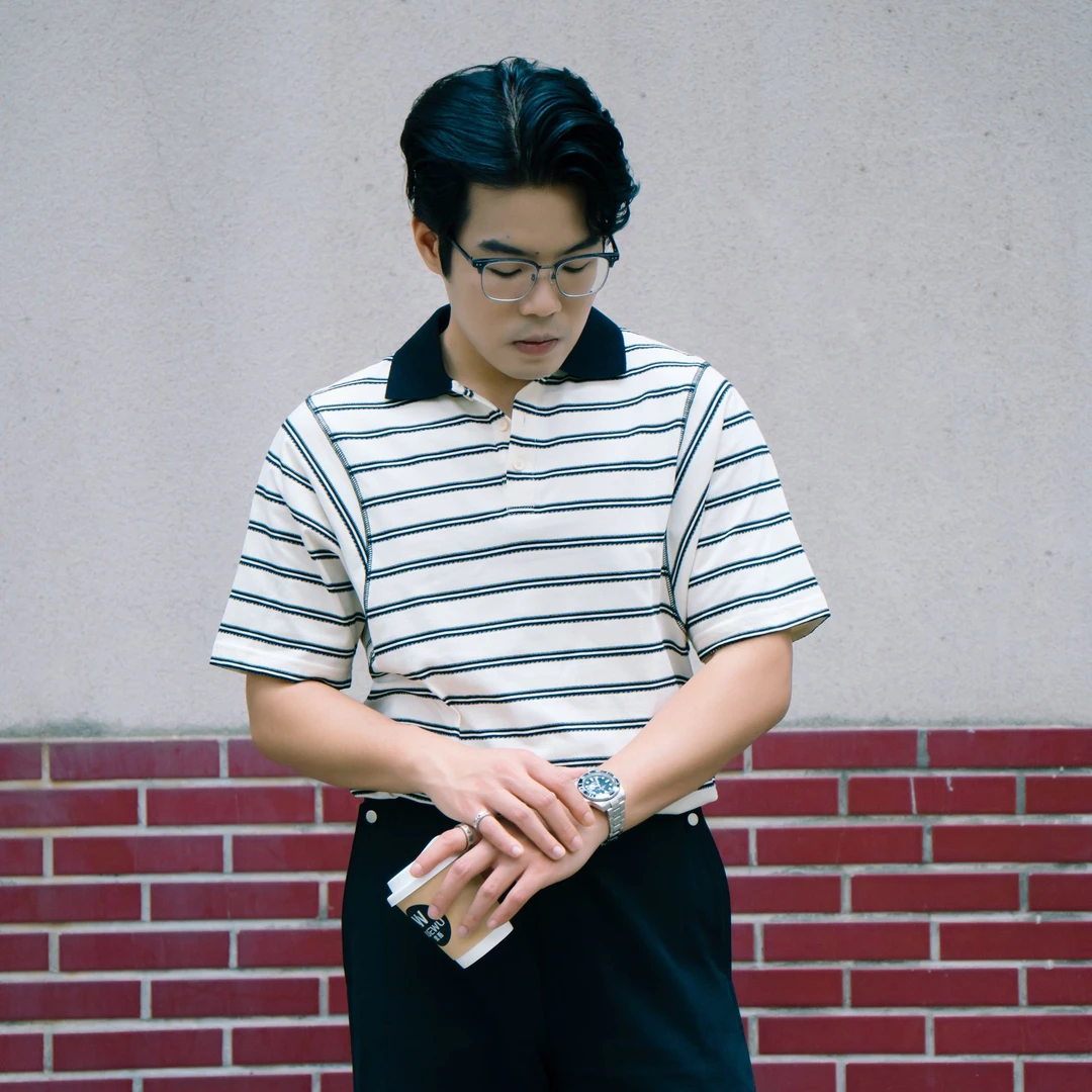 JUEWU 夏季新款条纹短袖夏季Polo衫男士蝴蝶袖polo上衣翻领高级感