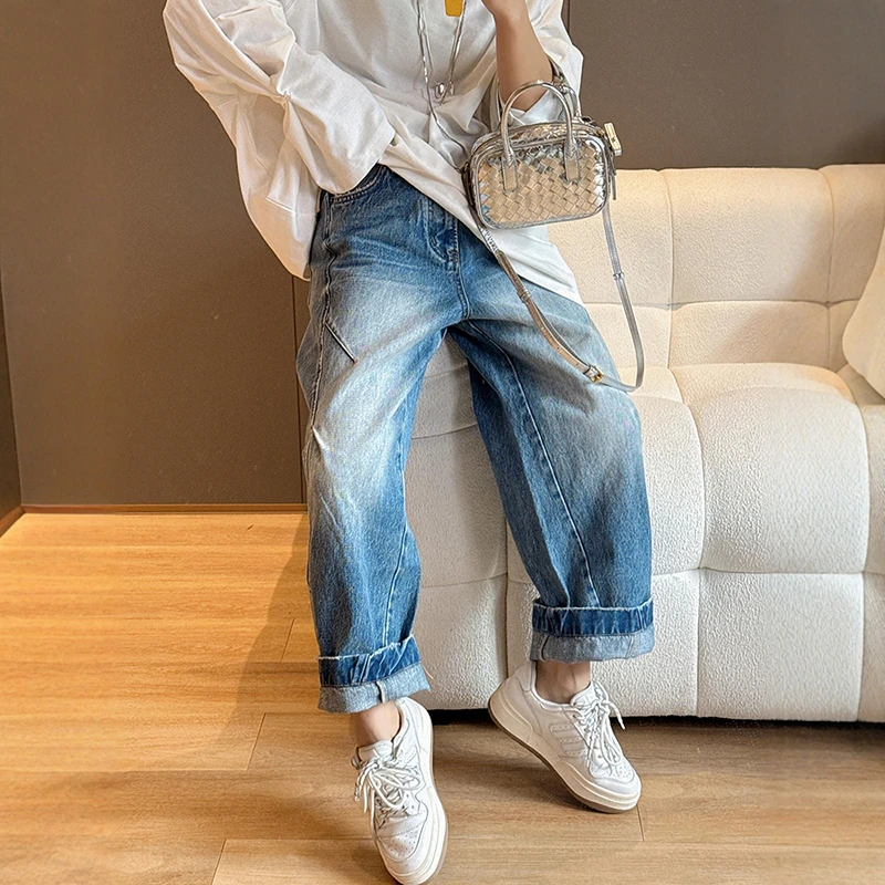 大码阔腿牛仔裤女2025年春季新款小个子弯刀裤胖mm梨型身材直筒裤