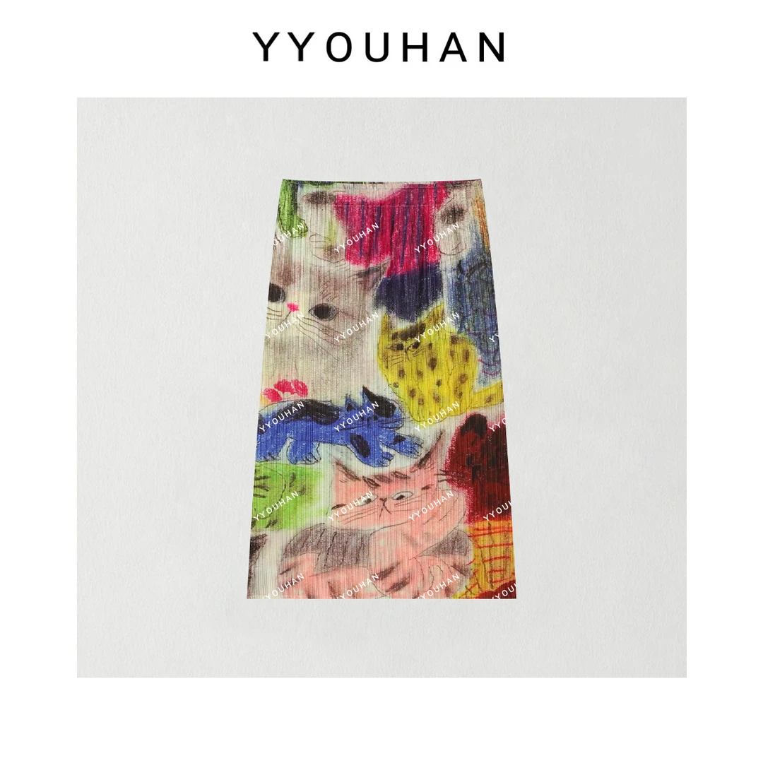 YYOUHAN  2025夏季卡通猫咪三宅褶皱半身裙显瘦百搭裙子2505C2580