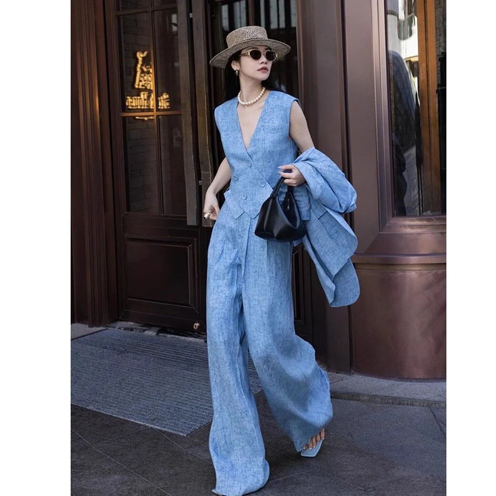2025超火夏装一整套干练气质轻奢高级感蓝色时尚百搭马甲套装裤女