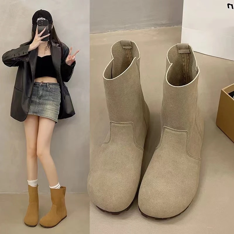 秋冬新款韩版复古时尚百搭圆头平底套筒短靴271(不加绒)