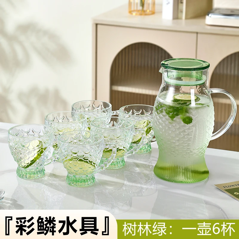 【一壶6杯】夏日新款高硼硅玻璃冷水壶耐高温泡茶壶家用水杯子森绿