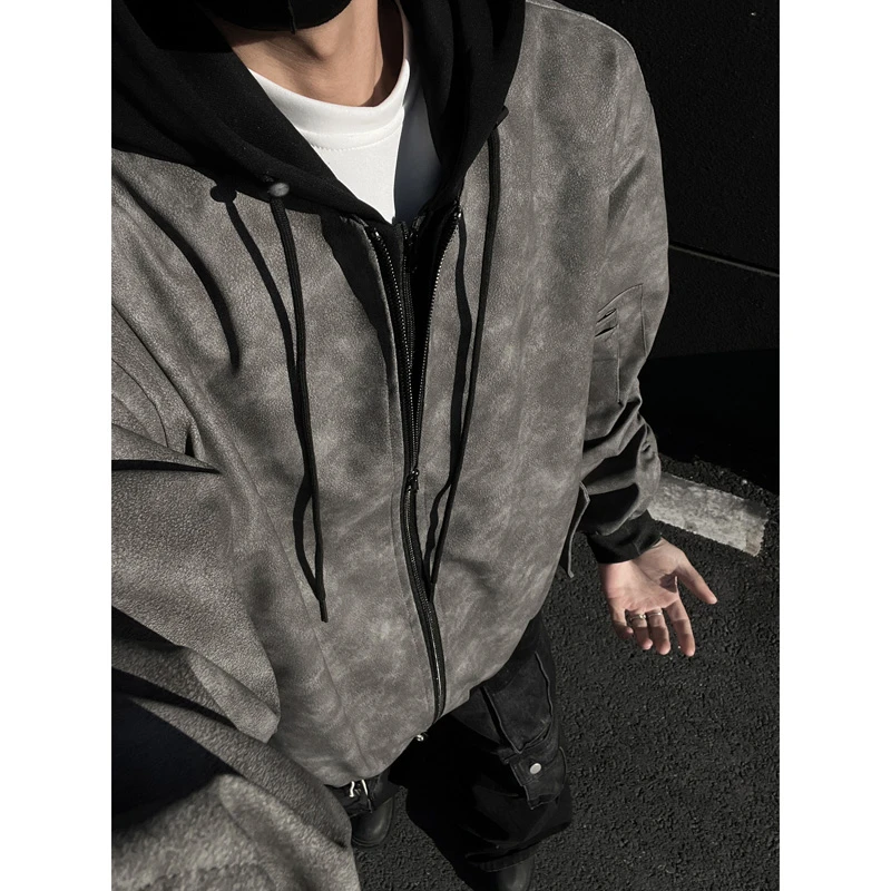 美式假两件pu皮工装夹克男秋季潮痞帅皮衣外套宽松连帽棒球服上衣