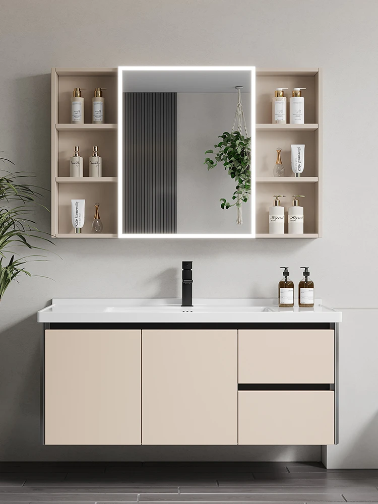 卫生间卡其双抽屉浴室柜陶瓷一体盆卫浴柜洗手台盆柜组合洗漱台盆