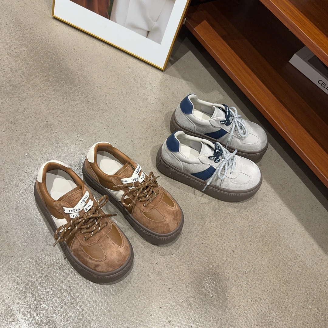 913-15秋季新品女真皮卡皮巴啦圆头板鞋双鞋带厚底休闲鞋软底舒适