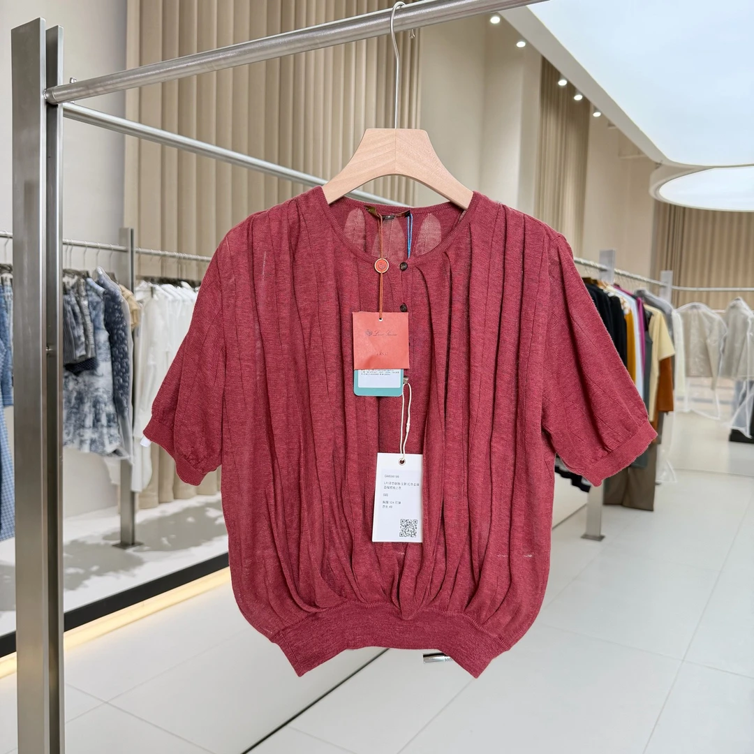 未使用 Loro Piana/诺悠翩雅 红色亚麻百褶短袖上衣 S码 GM006199