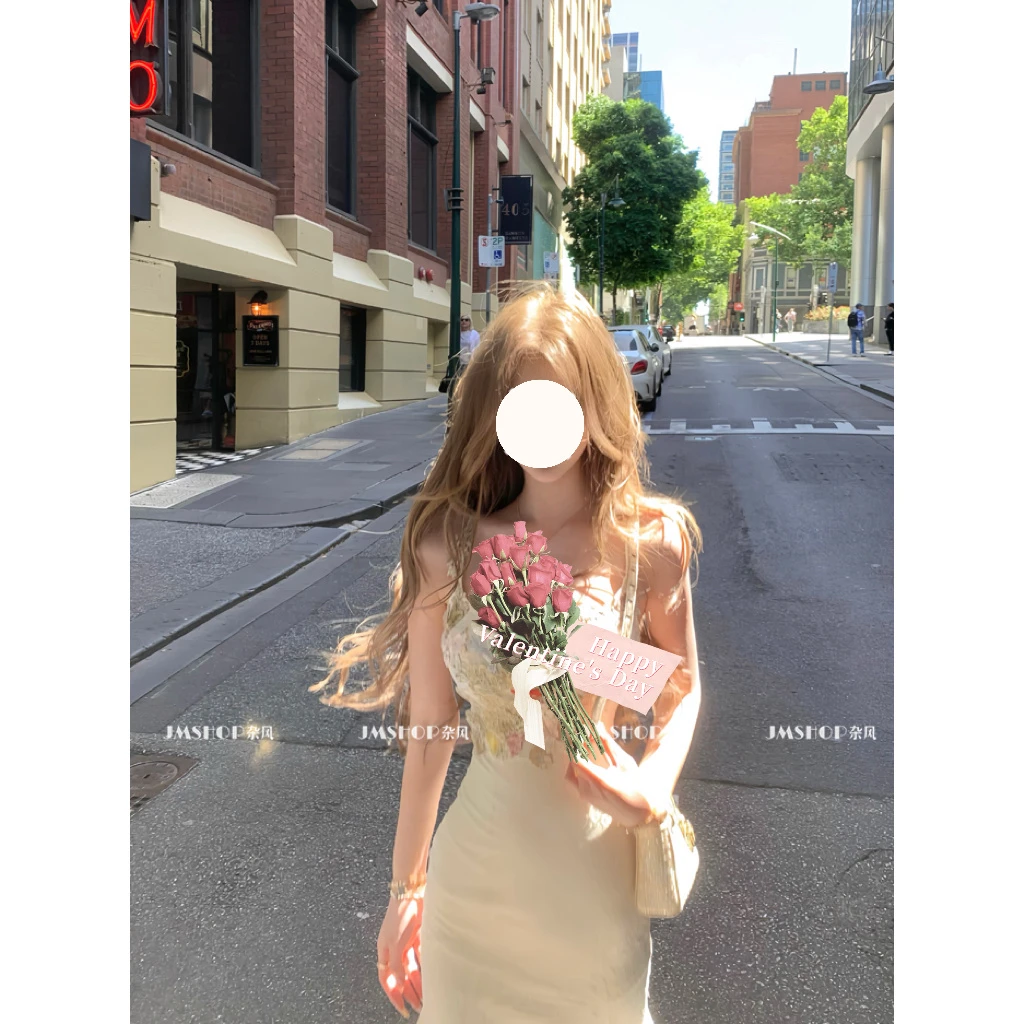 JMSHOP 鱼姬少女 花朵蕾丝网纱鱼尾连衣裙中长款修身包臀吊带裙