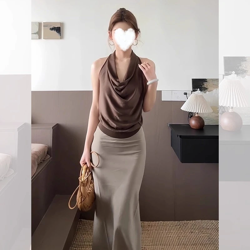 2025美式辣妹复古挂脖荡领吊带背心女夏季外穿设计感修身短款上衣