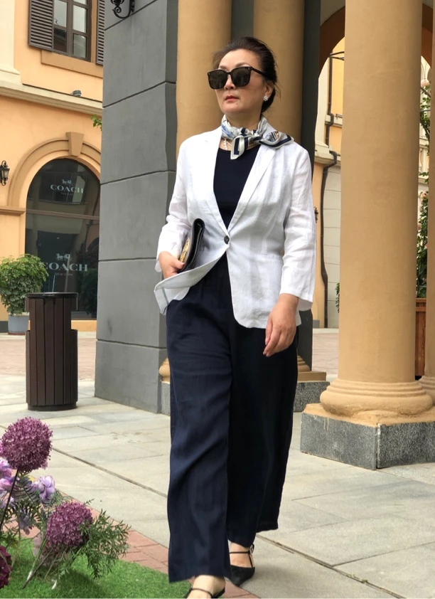 白色亚麻西装上衣经典百搭气质显瘦女修身商务休闲