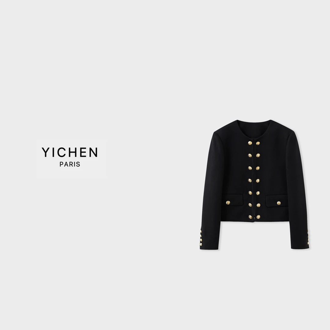 YC 黑色金属扣双排扣口袋款圆领夹克款外套-1374